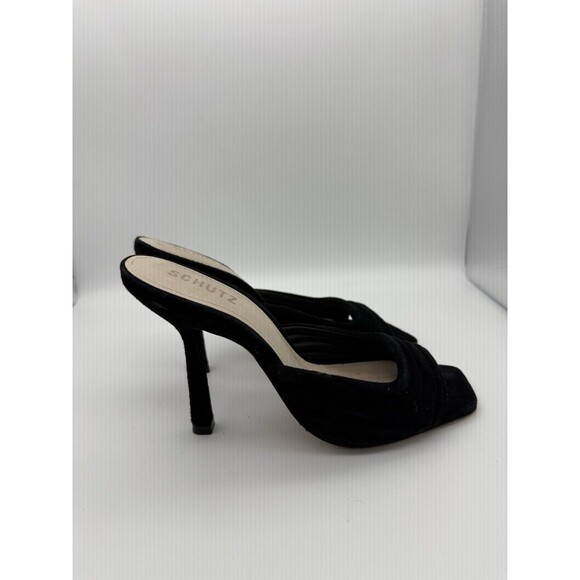 Schutz Sandal 4" Heels Womens 8B Black Stiletto Slip On Wedding Square Toe - Picture 5 of 7